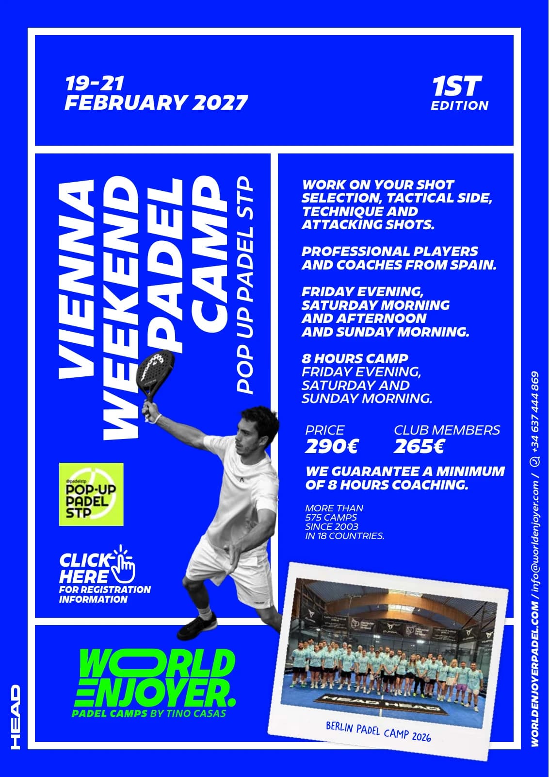 Originalplakat: World Enjoyer Weekend Padel Camp bei Pop-Up Padel STP, 19. bis 21. Februar 2027